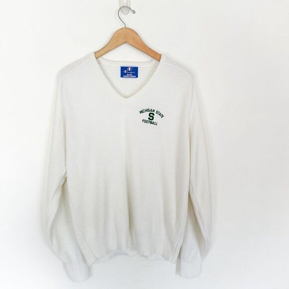 Champion Vintage 80s Unisex Michigan State Football Cream Acrylic V Neck Sweater - Picture 1 of 10